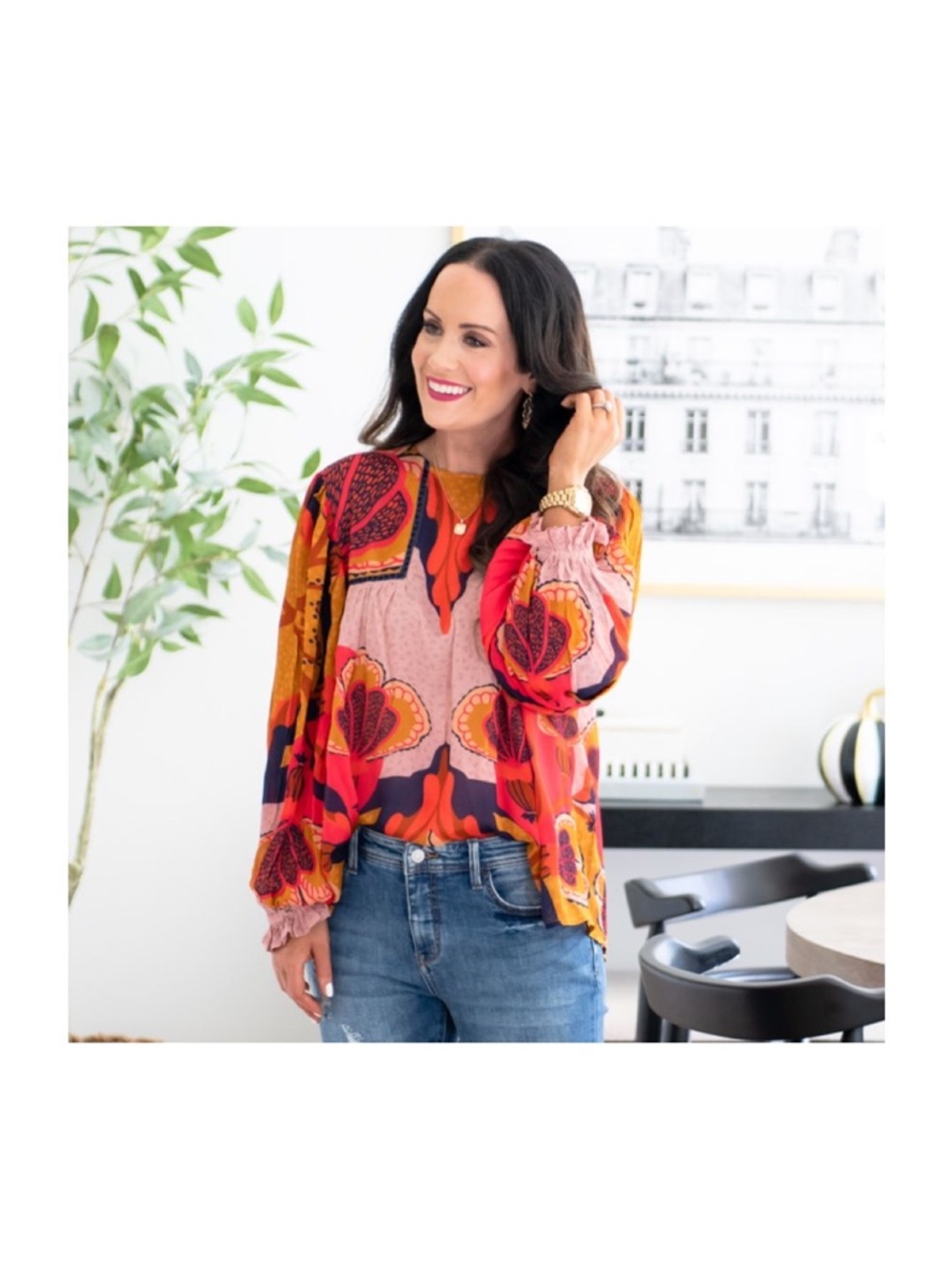 Anthropologie BL-NK London Floral Balloon-Sleeve Blouse in Pink, Red & Orange